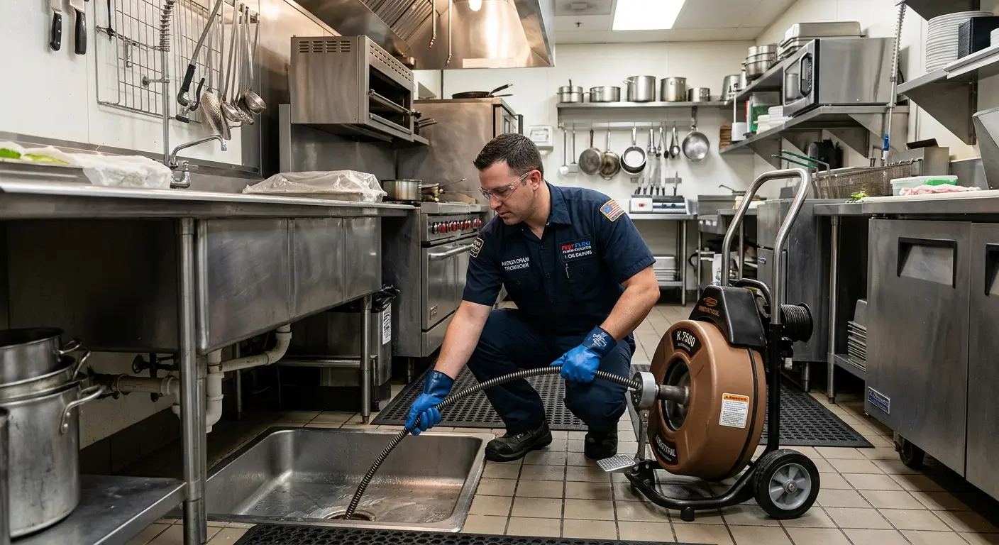 Commercial drain cleaning service in a restaurant kitchen in Corry