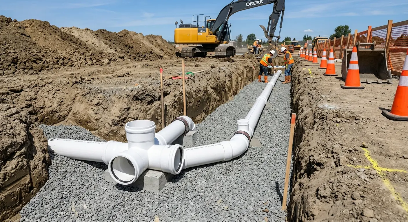 New PVC sewer pipe installation in open trench for Commercial Drain Cleaning in Corry