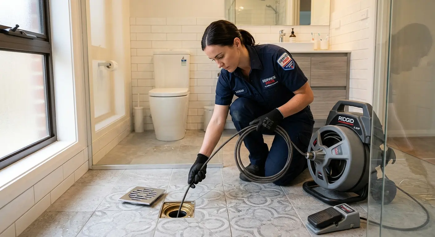 Technician clearing a bathroom floor drain for Clogged Drain Repair in Corry